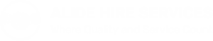 Logo for Alide Hire Services. The design features a handshake icon in a circle to the left, followed by the company name "ALIDE HIRE SERVICES" in bold text. Underneath, the slogan reads "Where Quality and Service Count.
