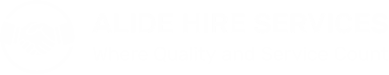 Logo for Alide Hire Services. The design features a handshake icon in a circle to the left, followed by the company name "ALIDE HIRE SERVICES" in bold text. Underneath, the slogan reads "Where Quality and Service Count.