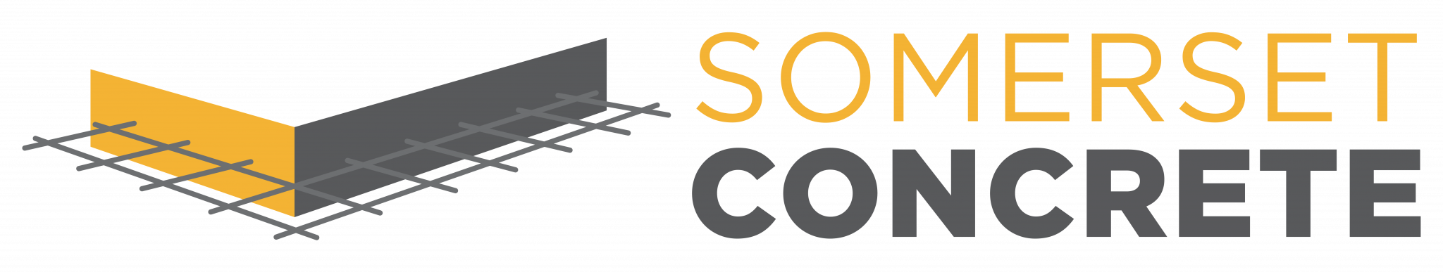 The image features the logo of "Somerset Concrete." The logo includes a stylized V-shaped design made of grey and yellow sections, resembling concrete slabs with reinforcing bars. The words "Somerset" in yellow and "Concrete" in grey are on the right of the design.