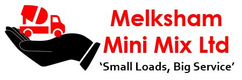 Logo of Melksham Mini Mix Ltd with the silhouette of a black hand holding a red cement truck. The text "Melksham Mini Mix Ltd" is written in red, while the tagline "Small Loads, Big Service" is in black.