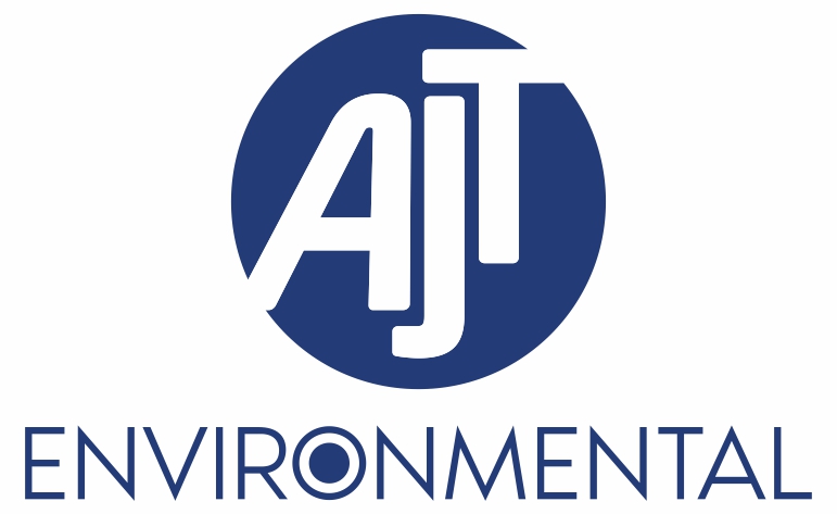 Logo featuring the initials "AJT" in bold, white letters inside a solid blue circle. Below the circle, the word "ENVIRONMENTAL" is written in capital letters in blue. The "O" in "ENVIRONMENTAL" is a smaller blue circle with a white outline.