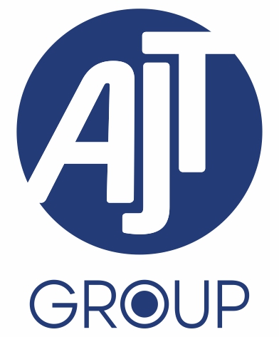 Logo for AJT Group featuring large white "AJT" text on a blue circular background. Below the circle, "GROUP" is written in blue uppercase letters with the letter "O" designed as a blue ring with a smaller ring inside.