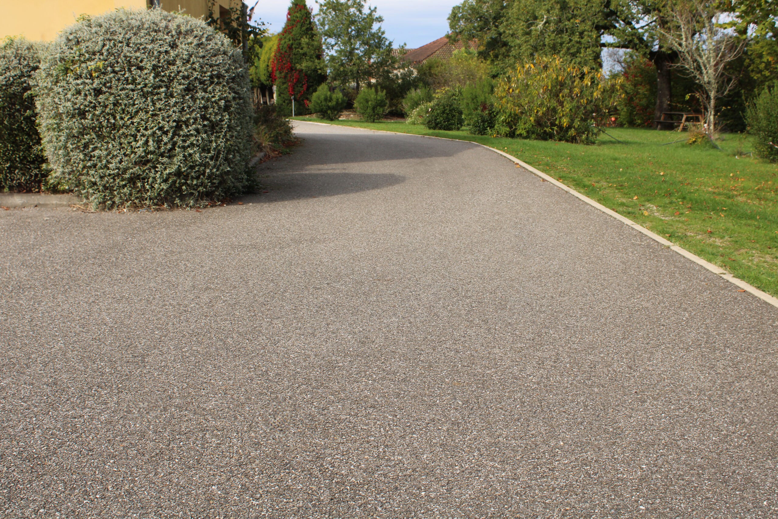A smooth, curved asphalt driveway bordered by a neatly trimmed bush on the left and a grassy lawn with trees and shrubs on the right, leading toward a house partially visible in the background.